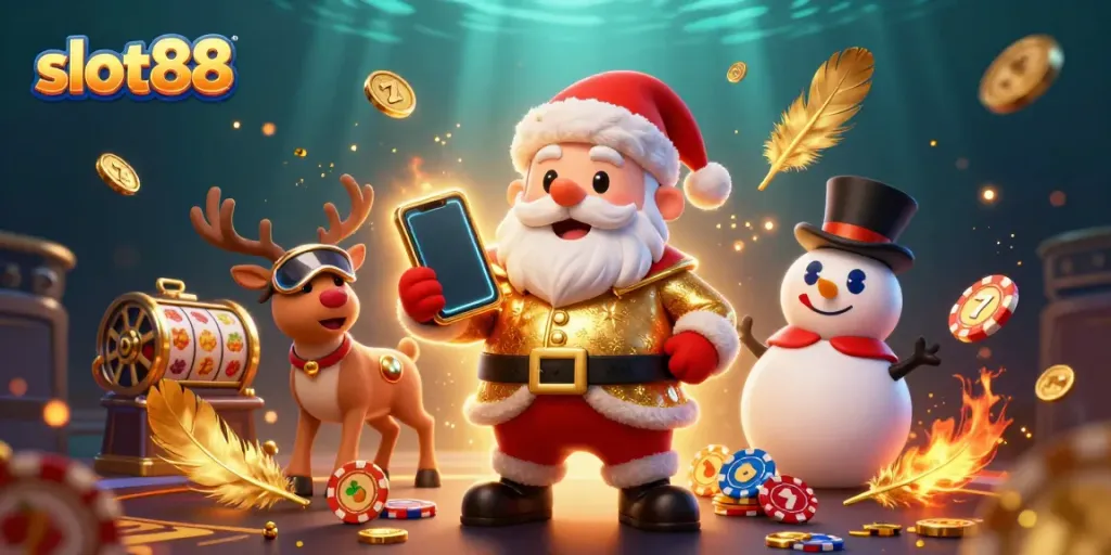 Memutar slot88 dan jackpot di kasino virtual bersama Santa Claus dan teman-temannya.