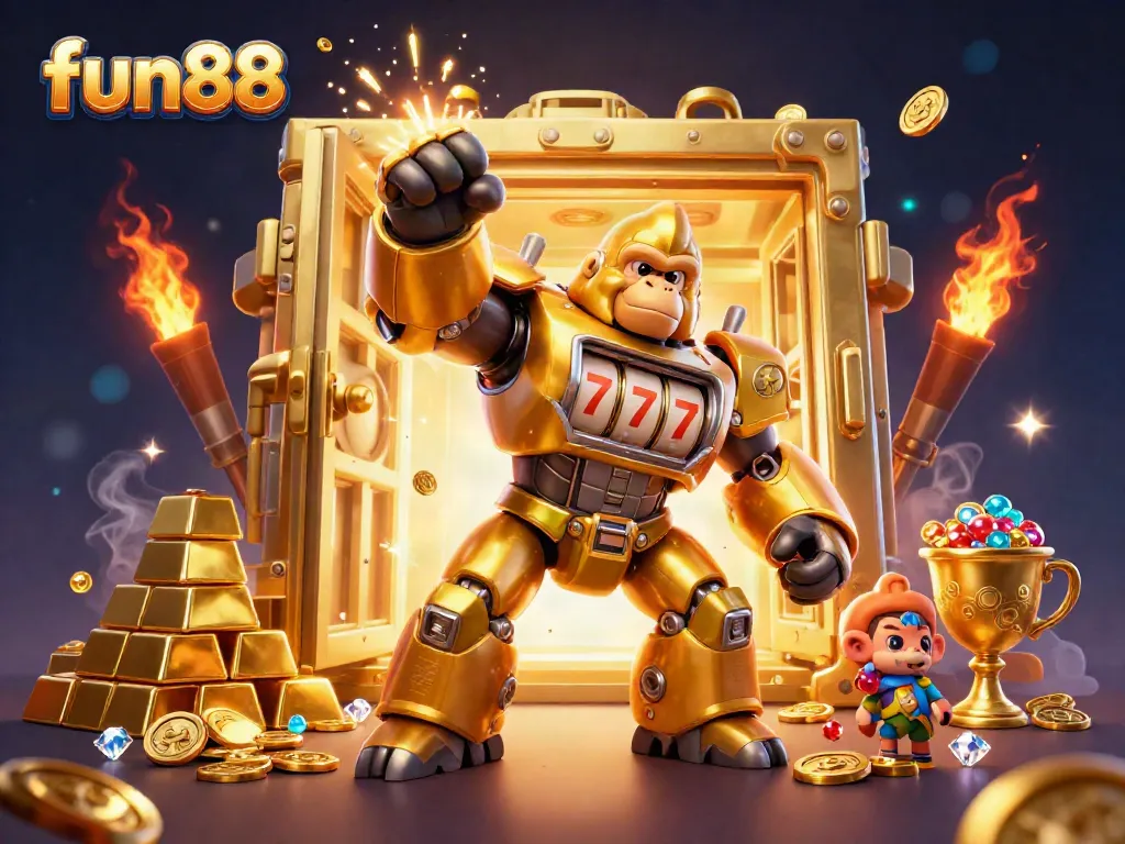 Experience excitement at fun88 with a lively 3D gorilla mech and treasure elements in a dynamic casino scene.
