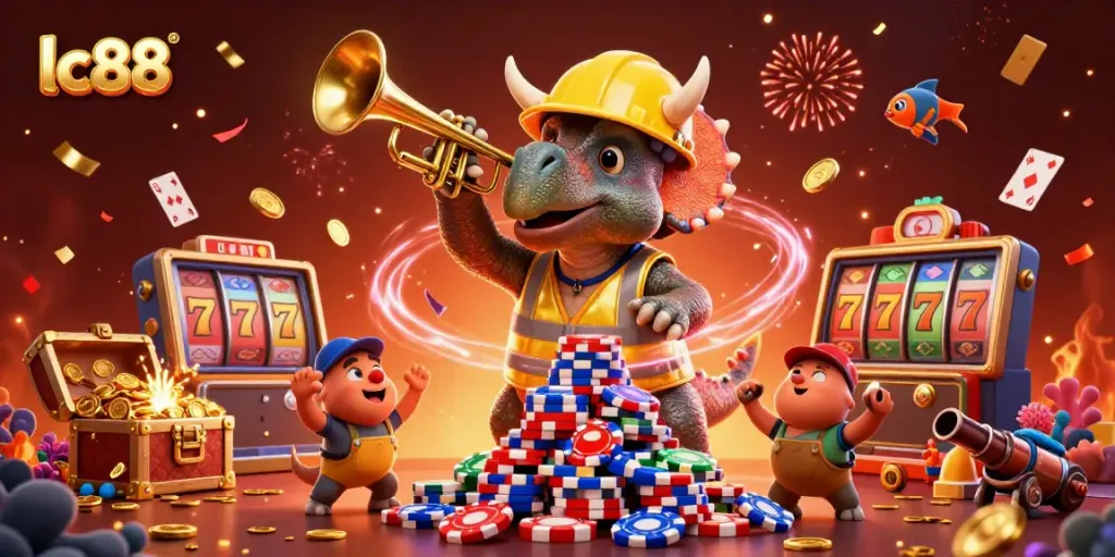 Celebrate wins with lc88 as a triceratops builds a poker chip pyramid in a vibrant casino scene