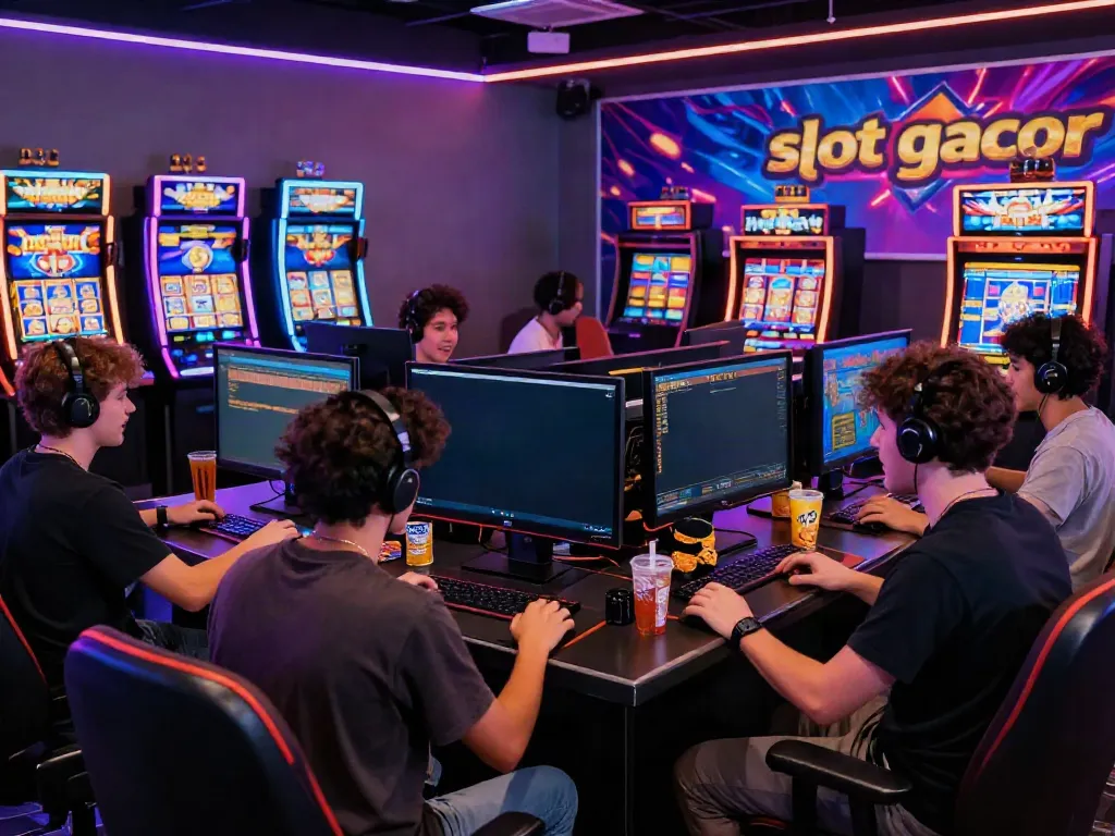 Online gaming setup showing players focused on vibrant slot gacor games, with colorful screens and neon lights.