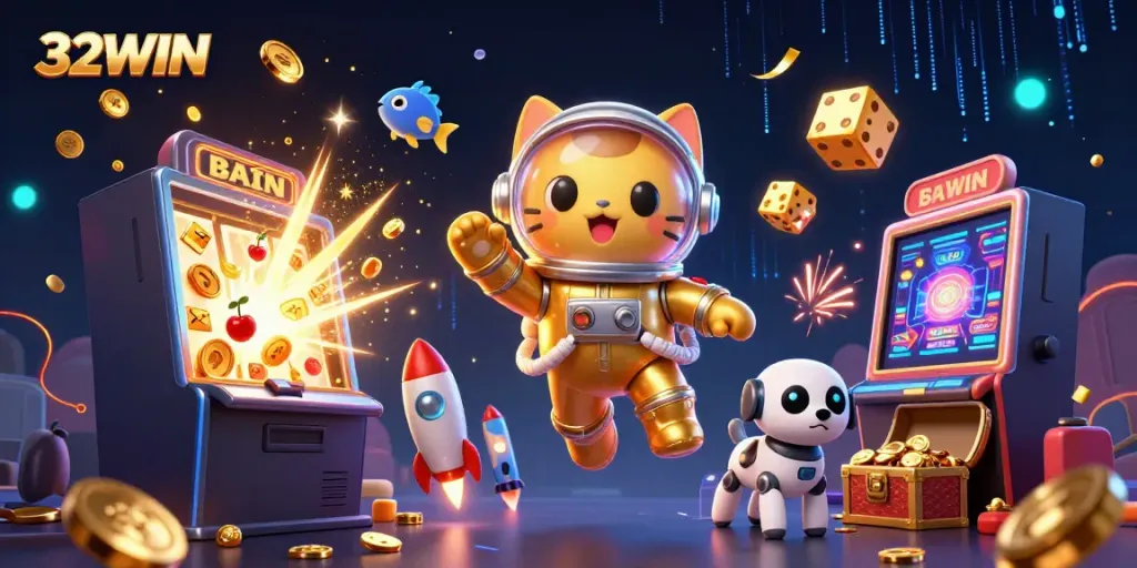 32WIN features a thrilling 3D illustration of a space cat and robot dog surrounded by casino elements, optimizing the gaming experience.