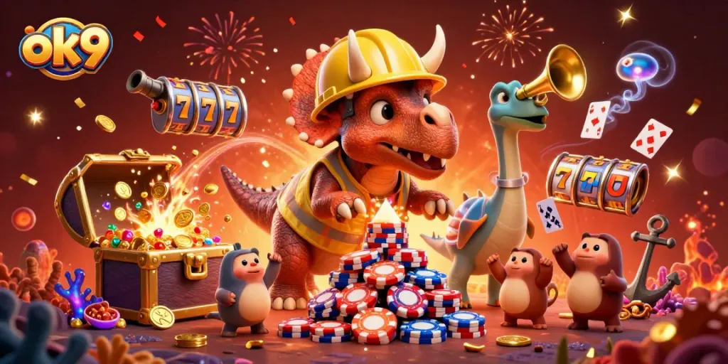 Engage in dynamic gaming with ok9 in a festive casino-themed scene filled with vibrant elements.