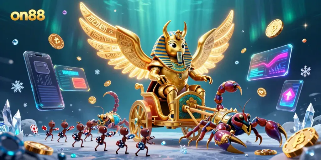 Join the adventure at on88 with a golden scarab beetle leading a vibrant casino scene