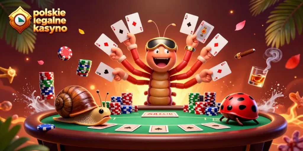 Engage with polskie legalne kasyno illustration featuring a 3D millipede dealer and vibrant poker elements.