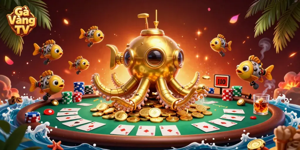 Experience Gà Vàng TV with a lively poker scene featuring a golden kraken amidst coins.