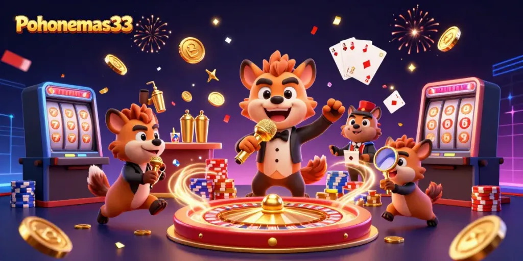 Pohonemas33 memperlihatkan peluang menang di kasino online dengan karakter hyena beraksi di lounge hiburan.