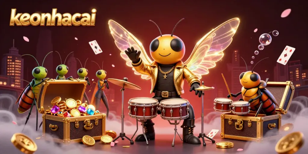 Experience exciting gaming with keonhacai featuring a vibrant cicada rock star and dazzling casino elements.