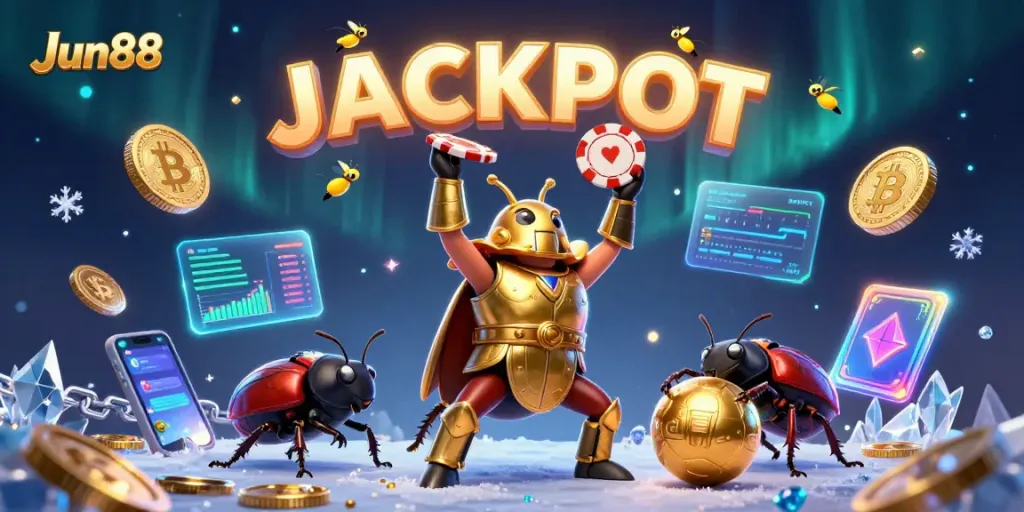 Winning at Jun88 with a heroic beetle and jackpot spell, showcasing vibrant casino elements.