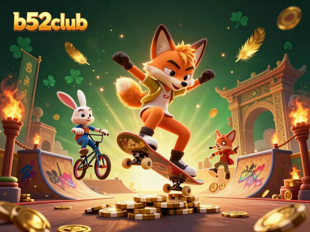 B52club animated scene of a fox on a skateboard and a rabbit on a BMX bike showcasing thrilling casino adventures.