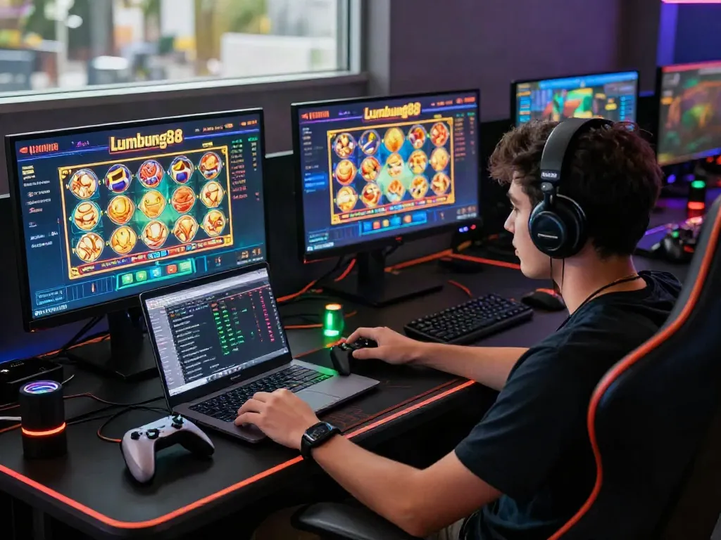 Engaging online gaming scene at lumbung88 with vibrant slots and player interaction.