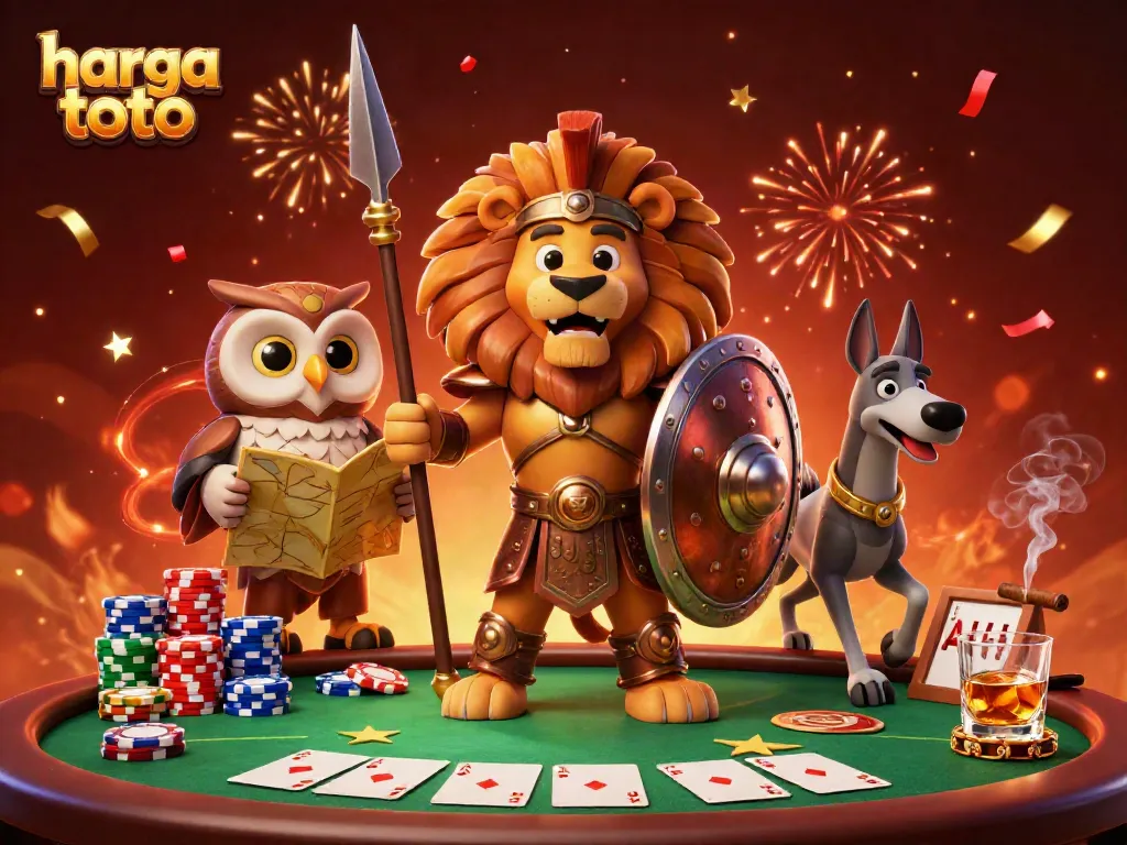 Experience the excitement of harga toto with dynamic poker action featuring a Spartan lion, an owl strategist, and a greyhound messenger.