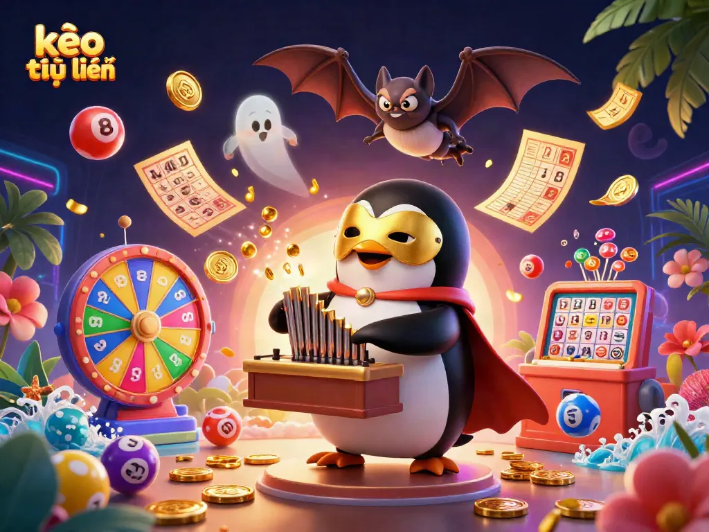 Experience kèo trực tuyến excitement with a vivid 3D illustration featuring a phantom penguin amidst lucky lottery elements.