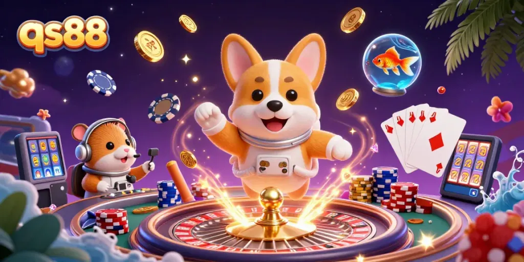Enjoy exciting casino adventures with qs88 in this vibrant 3D illustration featuring thrilling gaming elements.