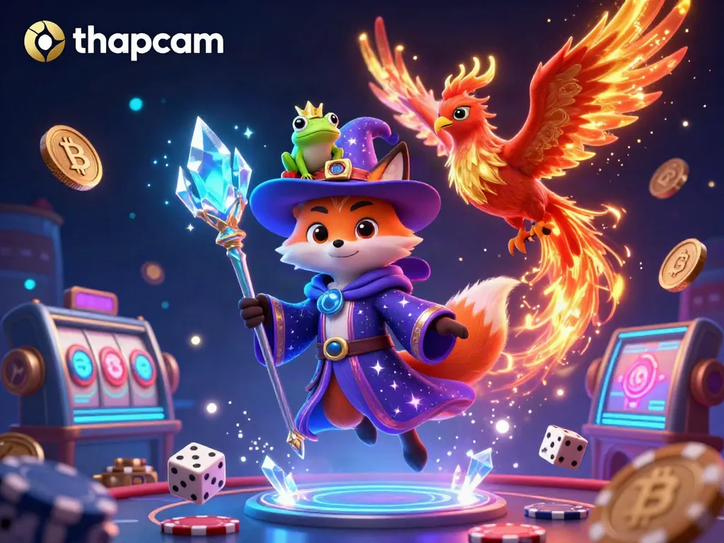 Experience the thrill of thapcam with a mystical wizard fox and phoenix in a vibrant casino scene.