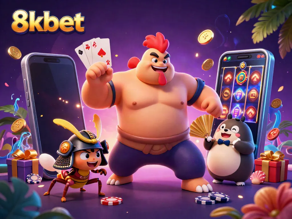 The dynamic scene features 8kbet's colorful and thrilling casino experience with a sumo wrestler rooster, samurai cricket, and tanuki announcer engaging in a slot game.