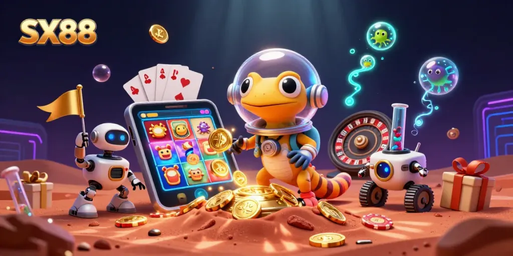 SX88 Martian gecko explores a buried golden casino, surrounded by slot games and cheerful aliens.