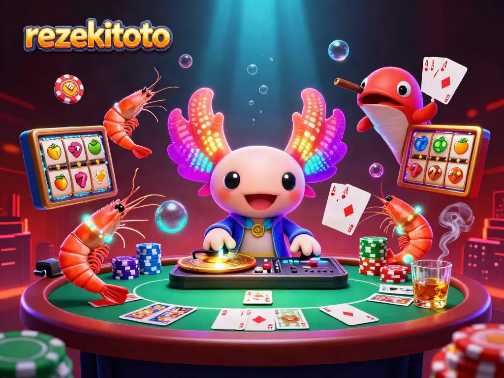 Experience rezekitoto's vibrant casino scene with axolotl DJ, shrimp dancers, and poker elements.