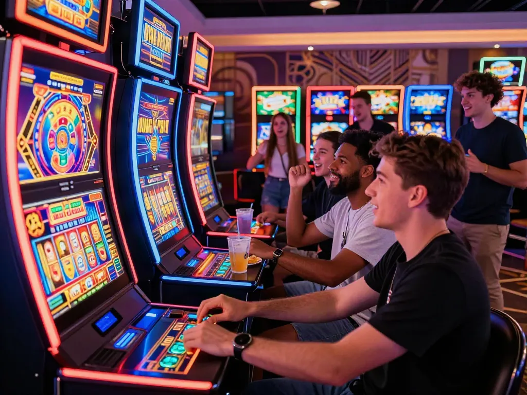 Keberuntungan bermain slot di kasino bersama teman dengan mesin slot berwarna-warni.