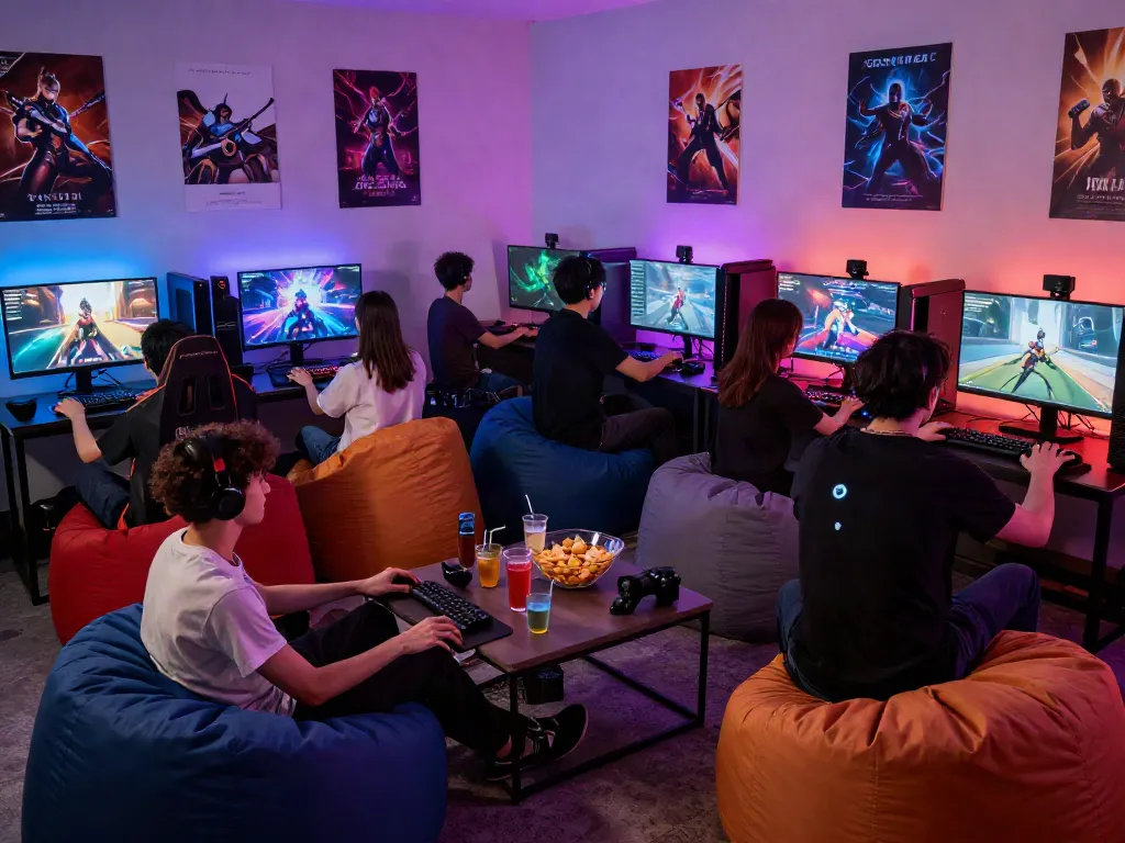 Friends enjoying gaming session with warung168 themed setup in vibrant lounge.