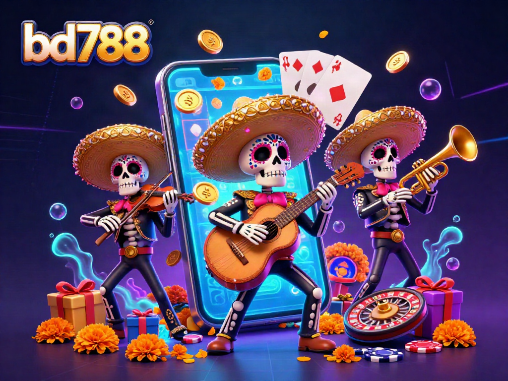 Experience thrilling wins with bd788, showcasing a lively mariachi band amid colorful slot games.