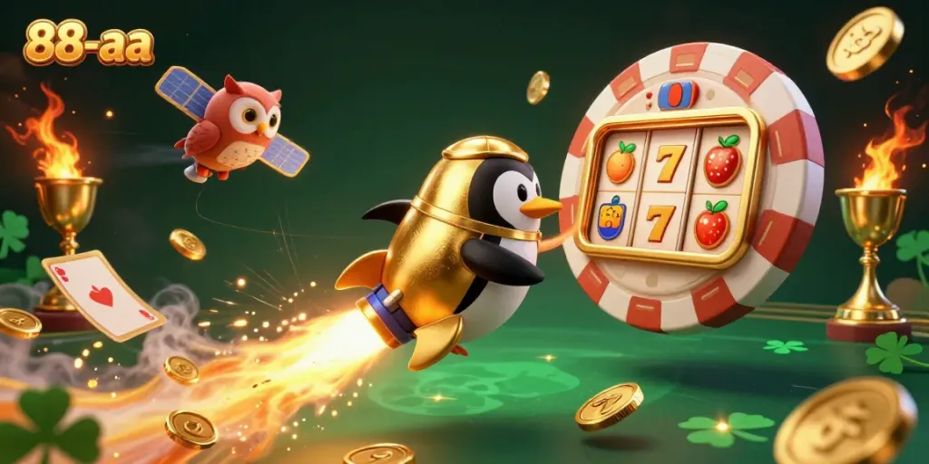 Experience the thrilling journey of the 88-aa penguin as it spins towards a vibrant casino universe.