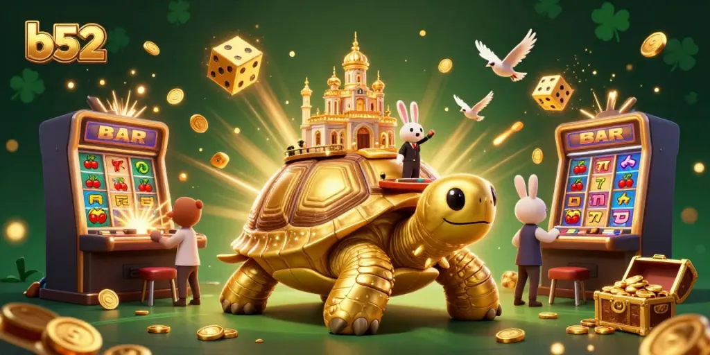 Experience thrilling wins at b52 with a vibrant scene of a unique online gambling platform featuring a cartoon tortoise casino.