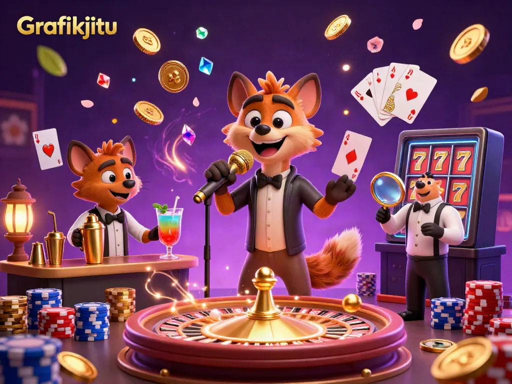 Cascade golden coins and sparkling gems at Grafikjitu’s comedy casino with lively hyena characters.