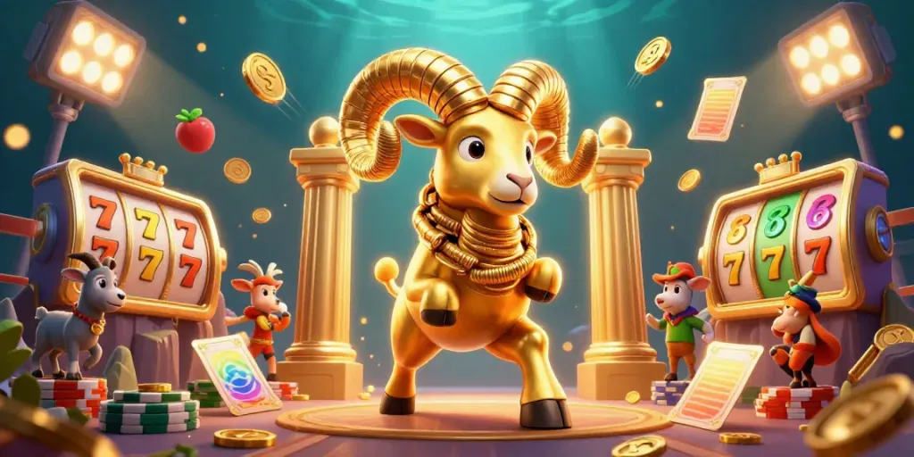 Engage with PLATFORM HWGSLOT featuring a dynamic 3D illustration of a golden ram charging through vibrant slot symbols and gaming elements.