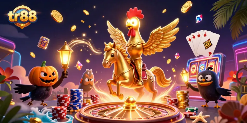 Engage in thrilling tr88 casino gameplay with a golden rooster headless horseman illustration.