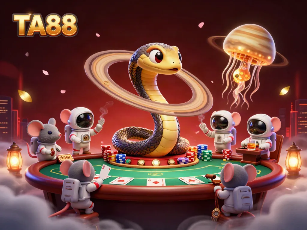 Experience thrilling TA88 gaming with a cosmic dealer, poker chips, and roulette wheels.