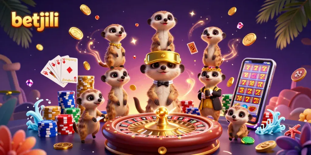 Engage with betjili's vibrant casino world featuring meerkats in a thrilling gaming scene.