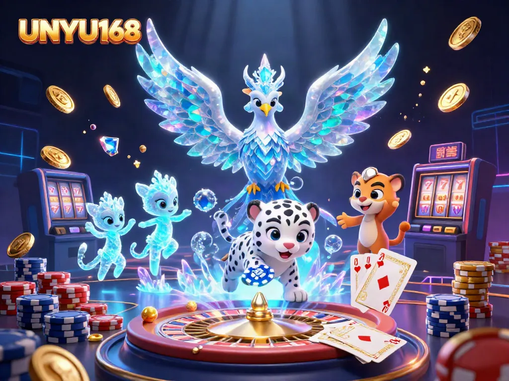 Permainan kasino online UNYU168 dengan phoenix es, anak macan tutul, dan koin emas berkilauan.