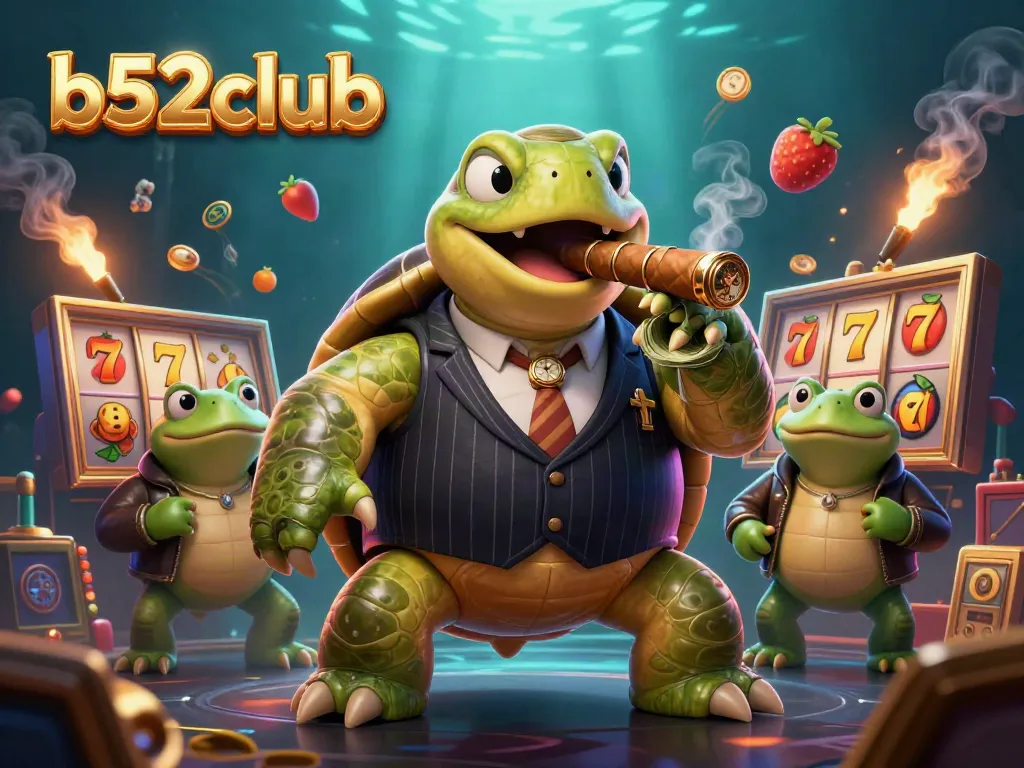 b52club showcases an entertaining 3D casino scene featuring a turtle in a suit amid slot machines.