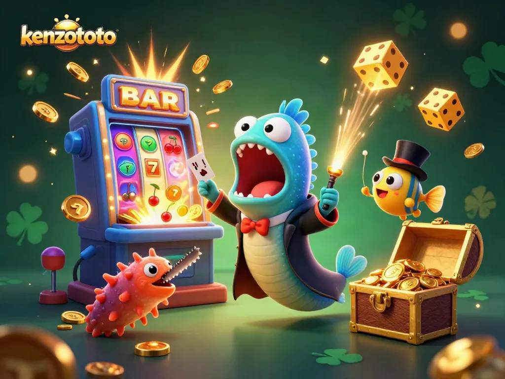 Experience thrilling gameplay at kenzototo with a dynamic illustration featuring vibrant casino elements and magical sea creatures.