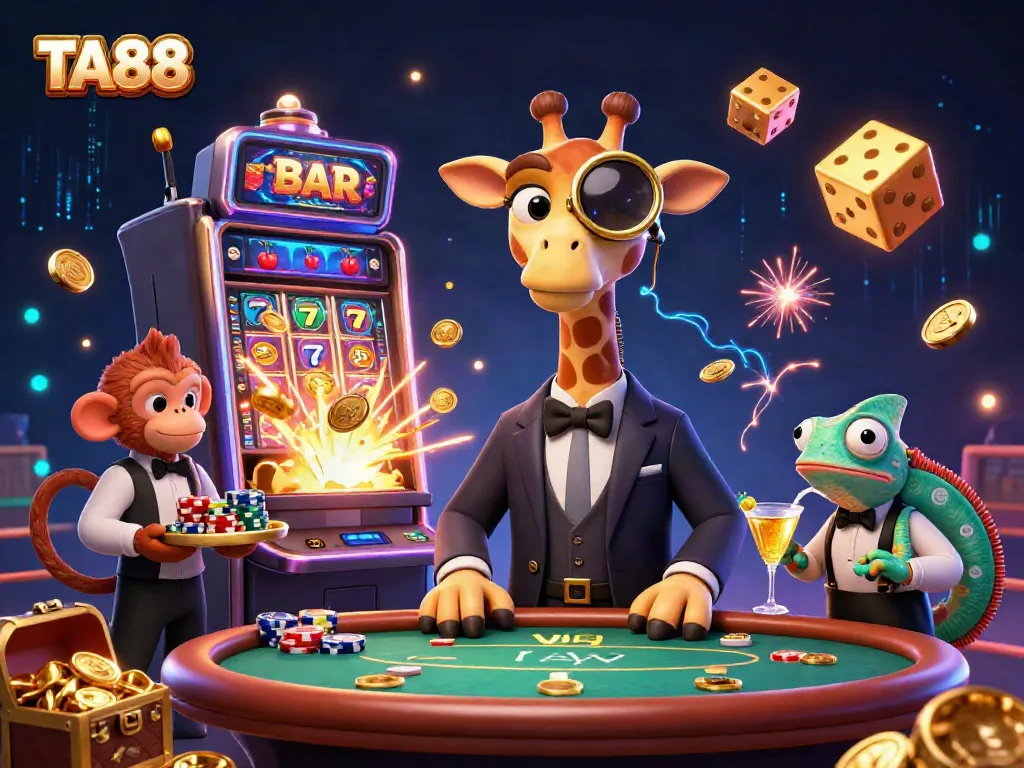 Experience the excitement of TA88 with a high-roller giraffe at a luxurious poker table amidst vibrant casino ambiance.