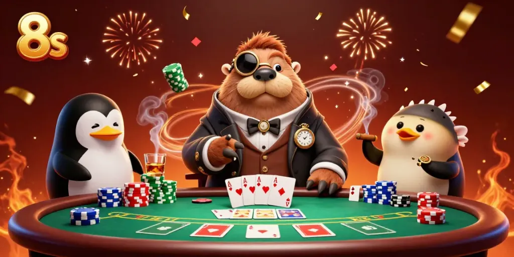 Experience the thrill of 8s at a vibrant underwater poker game.