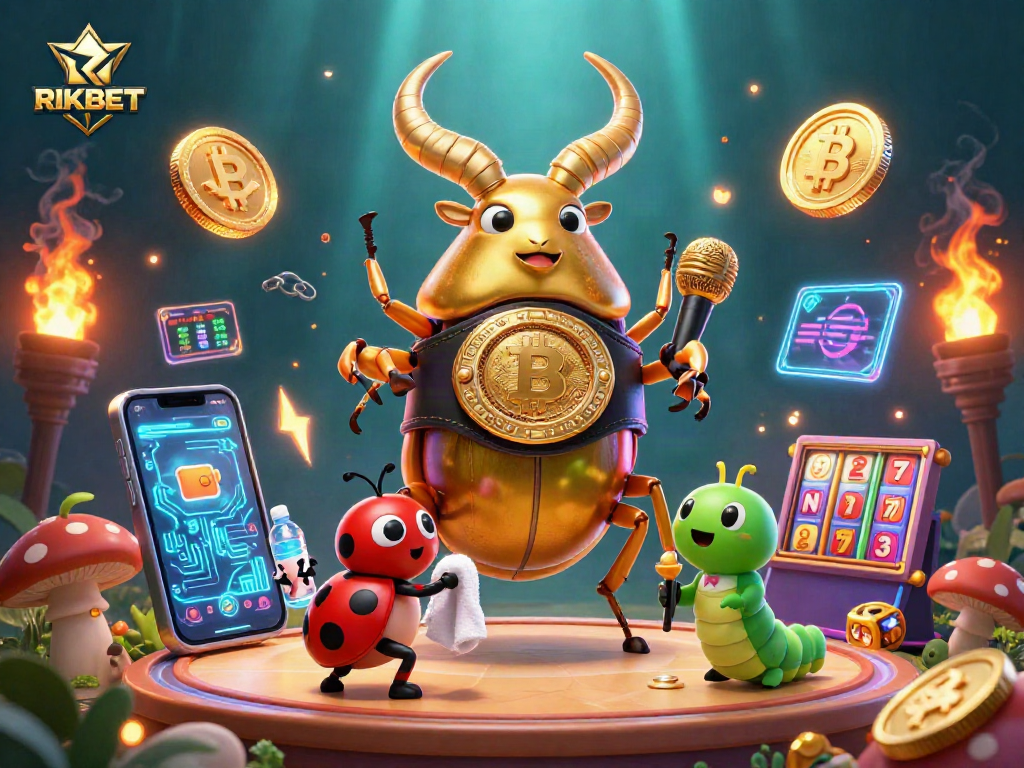 RIKBET illustrates a vibrant scene with a golden beetle and ladybug in a casino-themed battle.