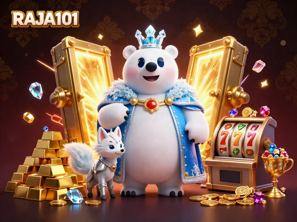 Engage with RAJA101 in this immersive 3D illustration featuring vibrant casino elements and royal characters.