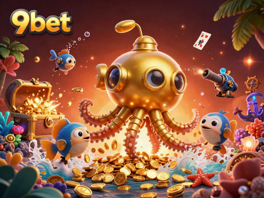 Experience the thrill of winning at 9bet with a vibrant 3D illustration of a treasure-filled underwater scene.