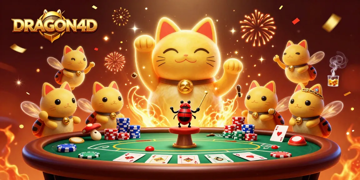 Experience the excitement of DRAGON4D with vibrant casino symbols and a giant lucky cat illustration.