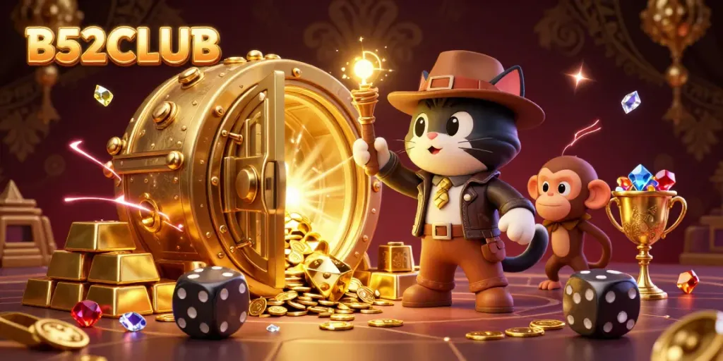 B52CLUB showcases a vibrant scene with a cartoon explorer cat and monkey uncovering a golden casino treasure.