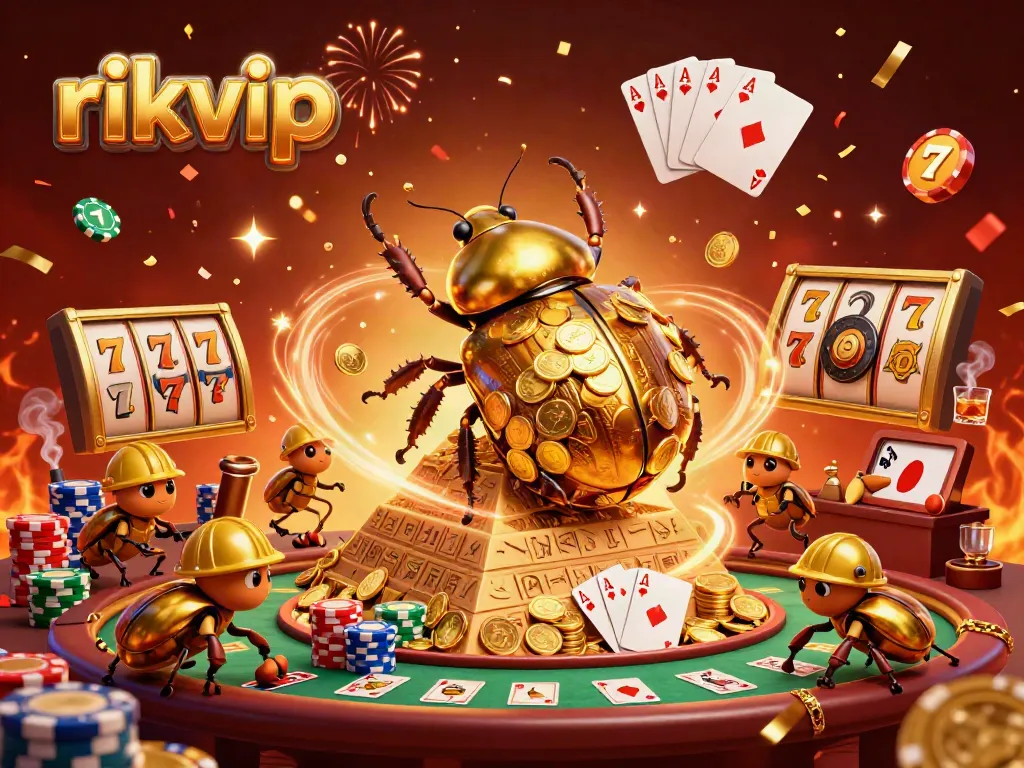 Experience vibrant action at rikvip's 3D illustration with golden beetles amidst casino excitement.