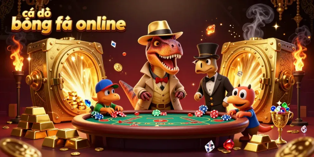 Enjoy thrilling cá độ bóng đá online at a vibrant casino scene with playful dinosaur characters and gold treasures.