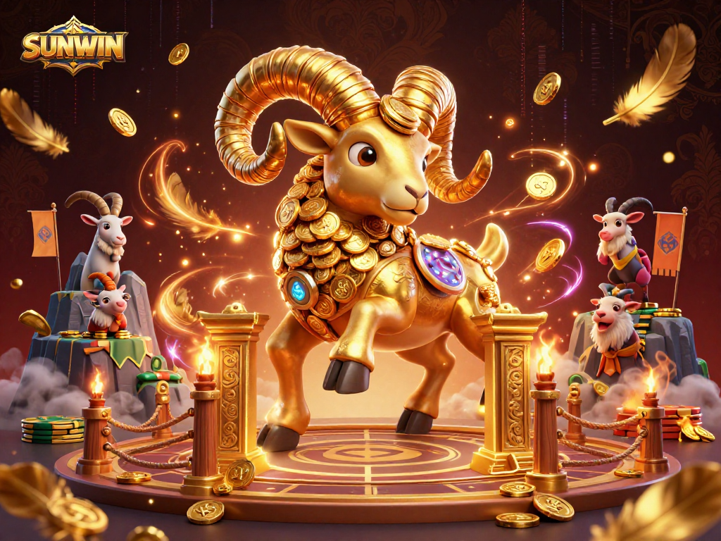 SUNWIN attracts attention with a golden ram charging through a luxurious gaming arena, surrounded by a celebration of coins and vibrant colors.