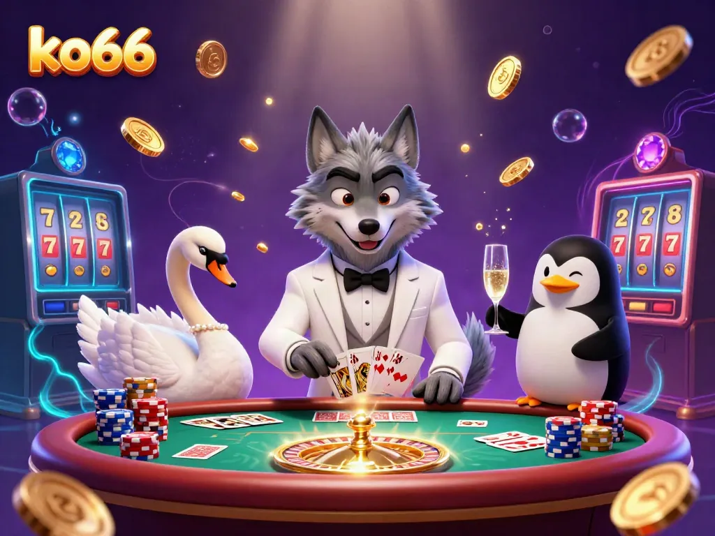 Engage in thrilling baccarat with ko66, featuring a debonair wolf, elegant swan, and sophisticated penguin.
