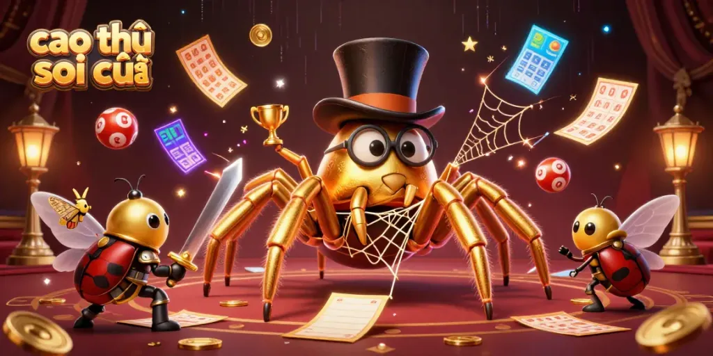 Cao thủ soi cầu captures a whimsical scene of a golden tarantula and beetle knight in a casino, featuring lottery elements.