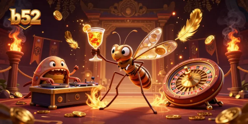 Engage in the thrill of b52 casino gaming with a dynamic illustration featuring playful characters and rich elements.