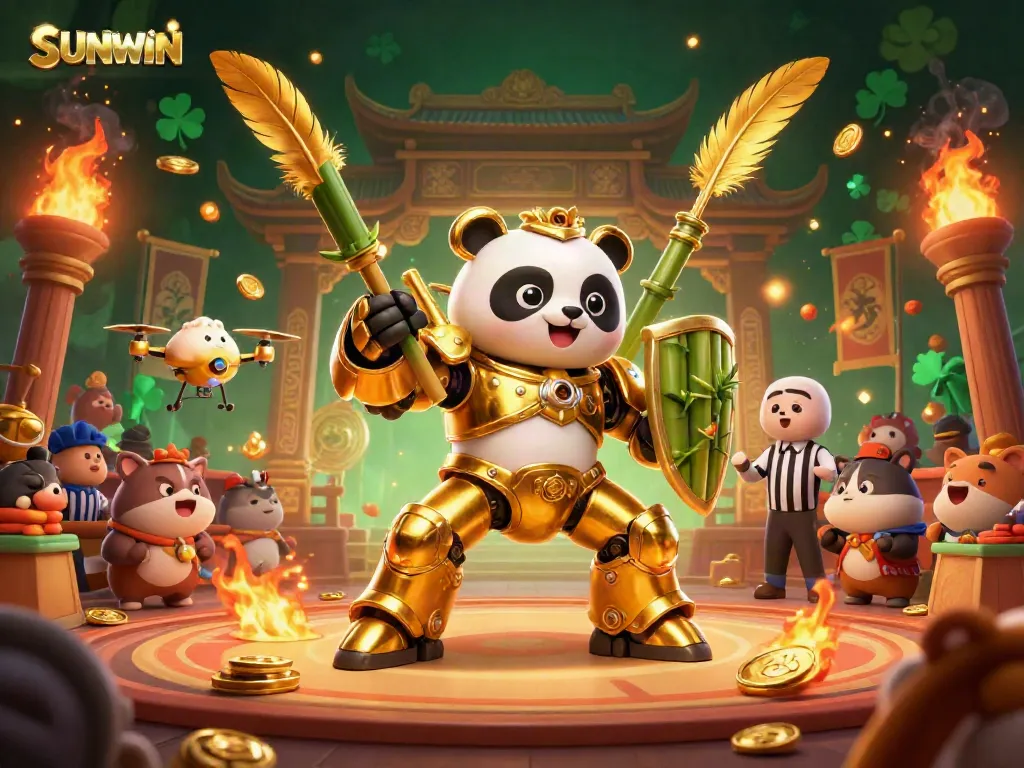 Experience thrilling gaming action with SUNWIN in an ultra-detailed 3D casino arena setup, featuring vibrant characters and stunning visuals.