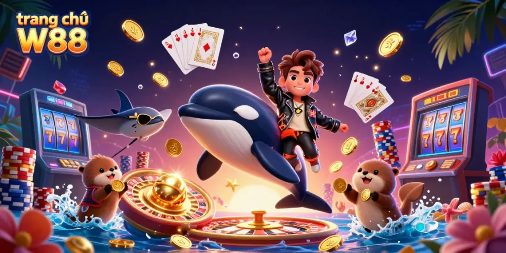 Engage in thrilling action at trang chủ W88 with a vibrant casino scene featuring playful sea animals and dynamic gaming elements.