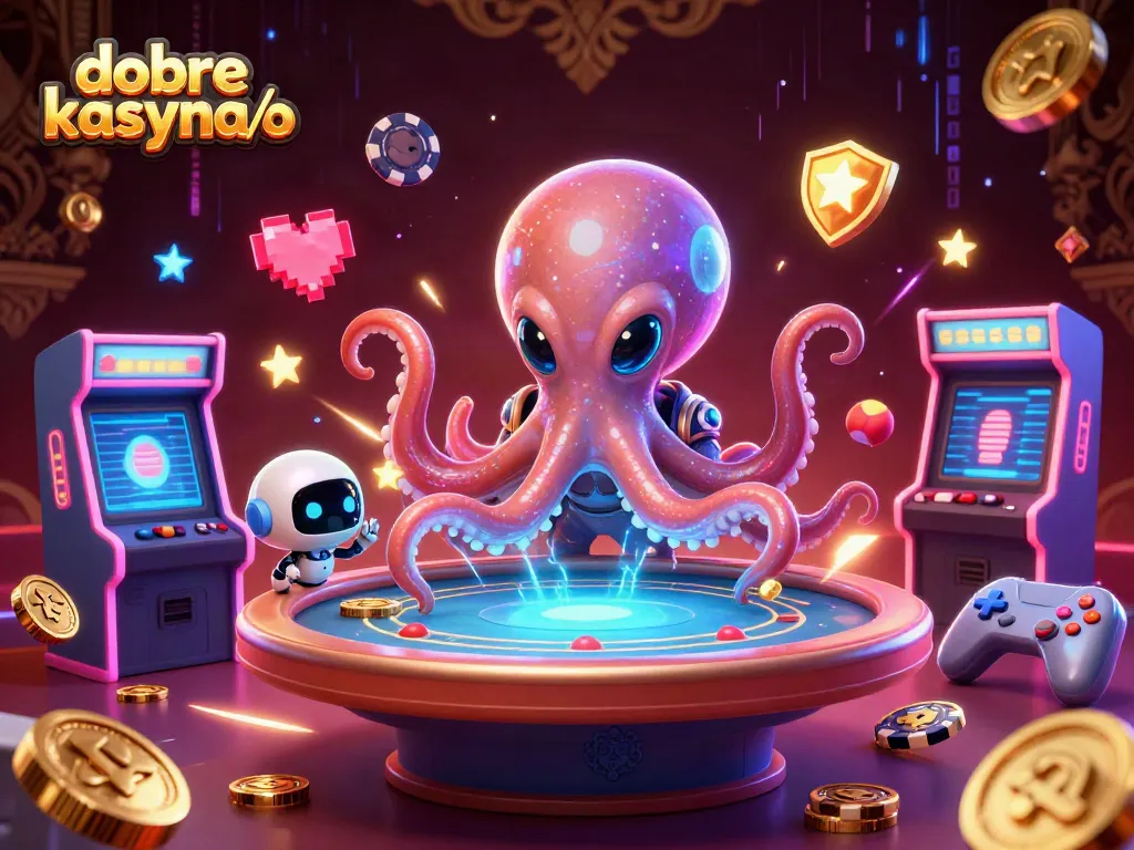 Alien octopus operating a holographic poker table in vibrant casino-themed scene, highlighting dobre kasyna/o